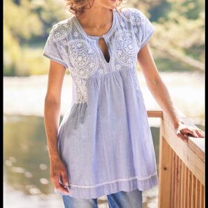 Dolma 100% Cotton Hand Embroidered Blue & White Striped Tunic Shift Dress